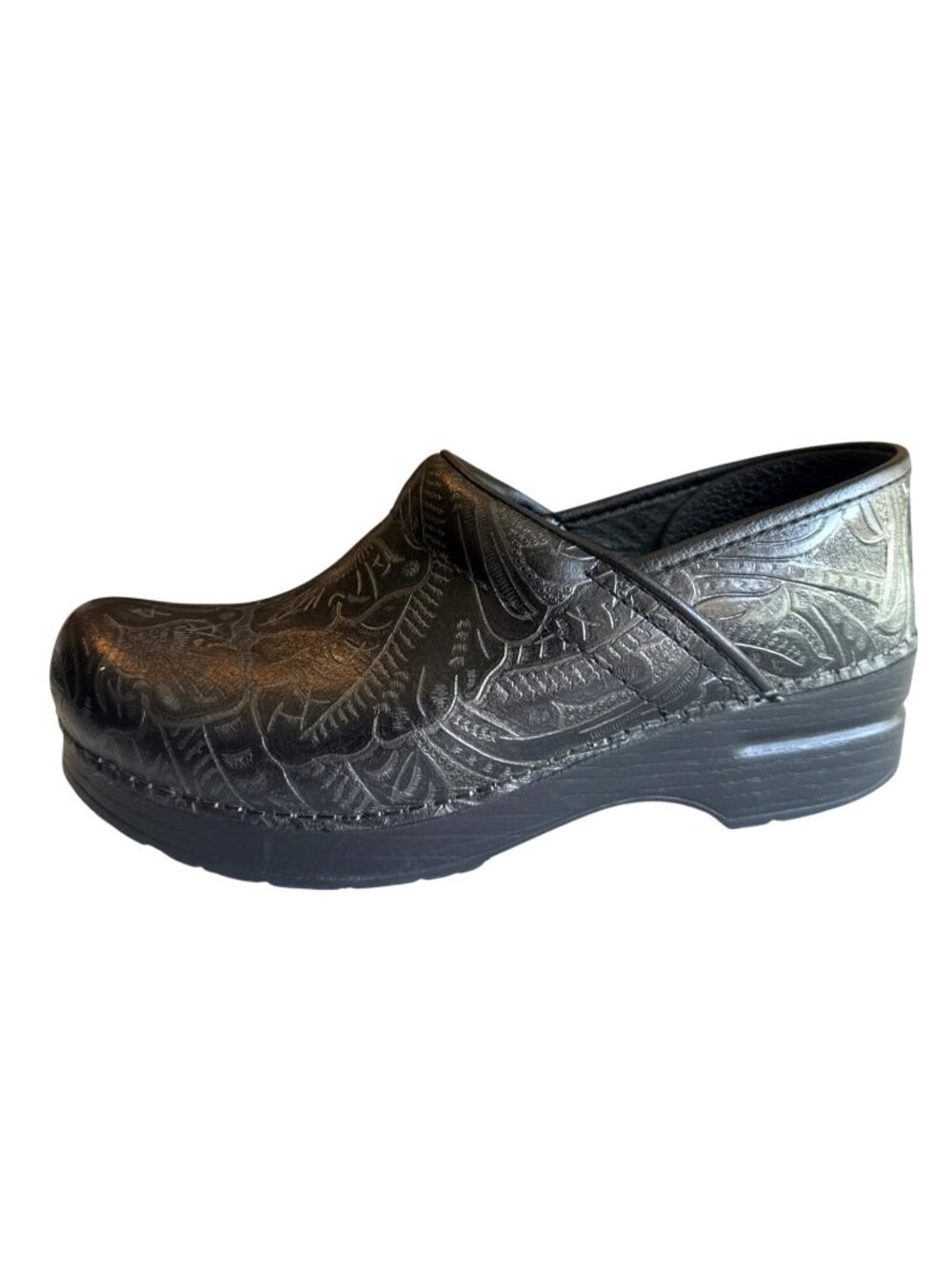 Dansko Professional Black Tooled Leather Clogs Floral Paisley EU 38 US 7.5-8